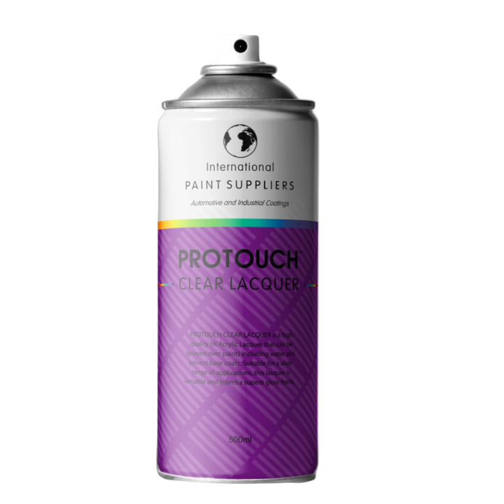 A can of Protouch Clear Lacquer for Paint Spray Aerosol in 500ML size with a purple label.