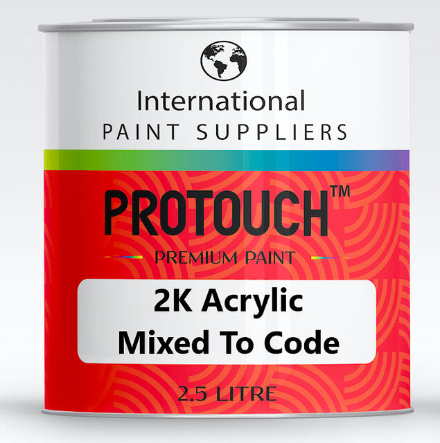 A can of Audi Pearl White Code L87 2K Direct Gloss Paint with the label PROTOUCH 2K Acrylic Mixed To Code, 2.5L size.