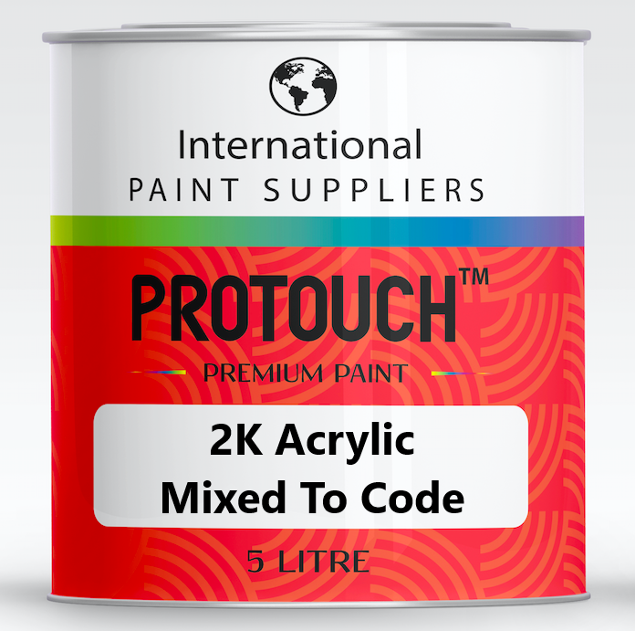 A can of Audi Quantum Grey Code LX7B 2K Direct Gloss Paint by International Paint Suppliers, labeled as PROTOUCH 2K Acrylic Mixed To Code, 5L.