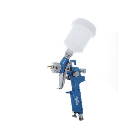 Blue spray gun with white cup on a white background