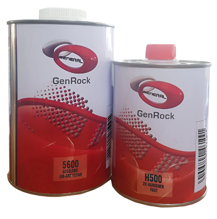 Two cans of General Genrock 5600 Accelero 2K Clearcoat, one larger and one smaller, with red and white labels.